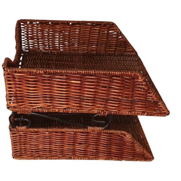 VTG Wicker Rattan 2-Tier Desk File Tray Mail/Letter Office Organizer Boho Style - Picture 2 of 9